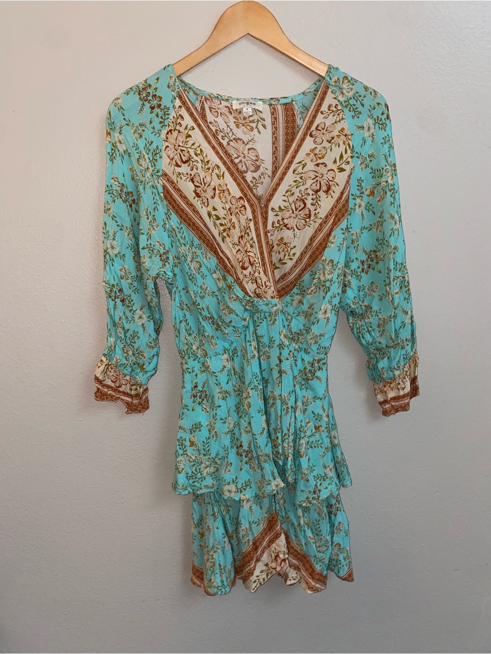 UMGEE Boho Floral Border Print Tiered Mini Dress M Boho